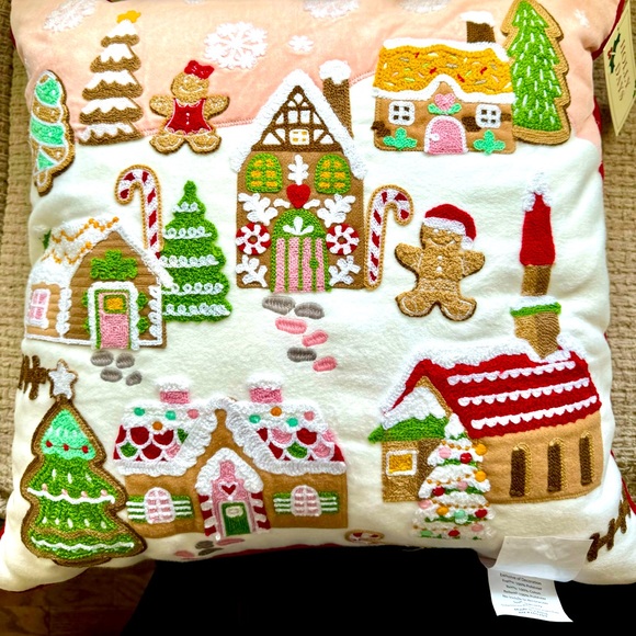 Christmas Gingerbread Town Embroidered Pillow. - Picture 2 of 8